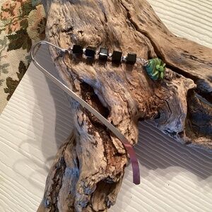 Handcrafted Beaded Bookmark w/ Frog Bead Onyx / Silver